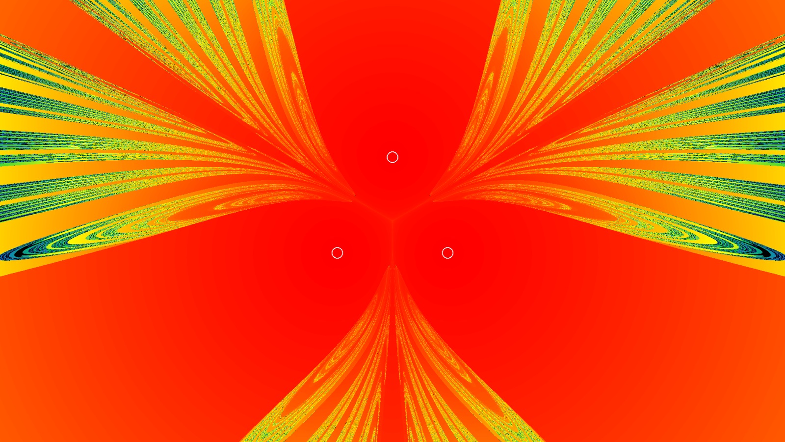 The same system coloured by time-to-hit: red interiors collide quickly, yellow-green filaments take much longer.