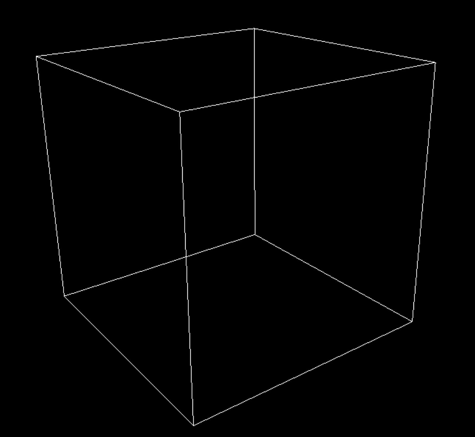 A plain white wireframe cube on black — the 3-D viewing window.