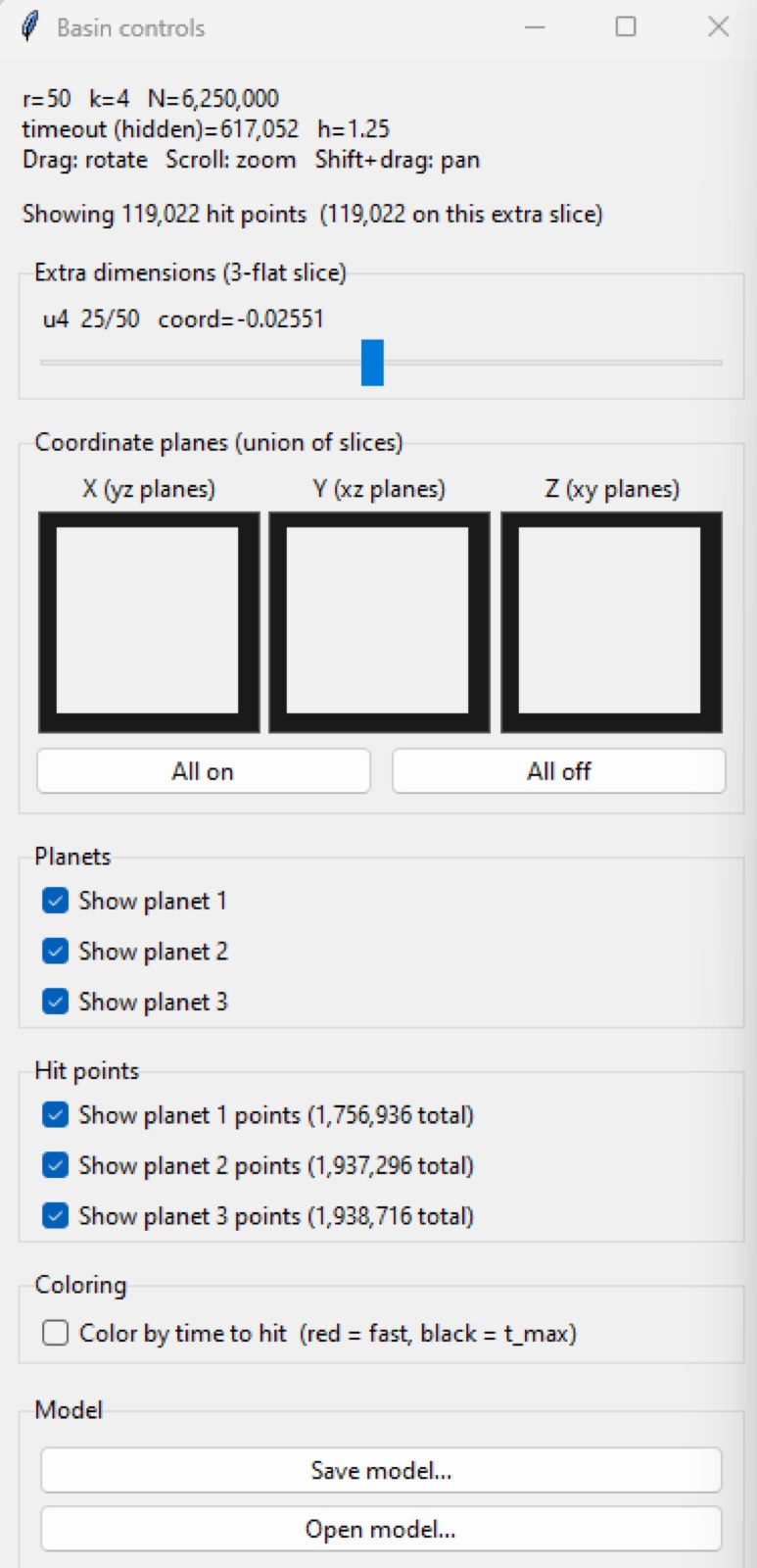 The VisPy Basin controls window: extra-dimension slider, coordinate-plane toggles, planet checkboxes and colouring options.